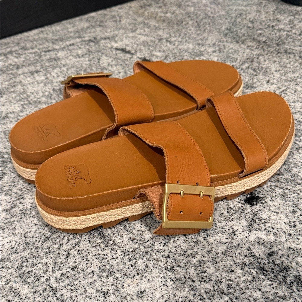 Sorel Women's Cognac Double-Strap Slide Sandals with Gold Buckles - Picture 2 of 2